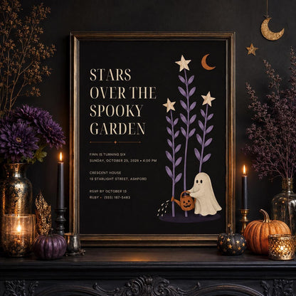 Spooky Garden Halloween Birthday Invitation, Cute Ghost Night Garden Party Invite, Elegant Kids Birthday, Editable Canva Template