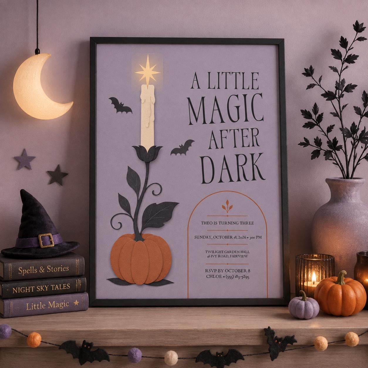 Magic After Dark Halloween Birthday Invitation, Pumpkin Bat Kids Party Invite, Spooky 3rd Birthday, Editable Canva Template