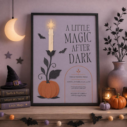 Magic After Dark Halloween Birthday Invitation, Pumpkin Bat Kids Party Invite, Spooky 3rd Birthday, Editable Canva Template