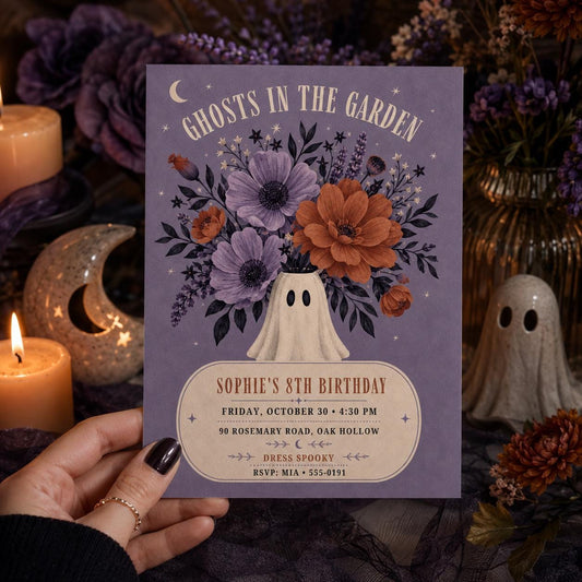 Floral Ghost Halloween Birthday Invitation, Spooky Garden 8th Birthday Party Invite, Elegant Kids Halloween, Editable Canva Template