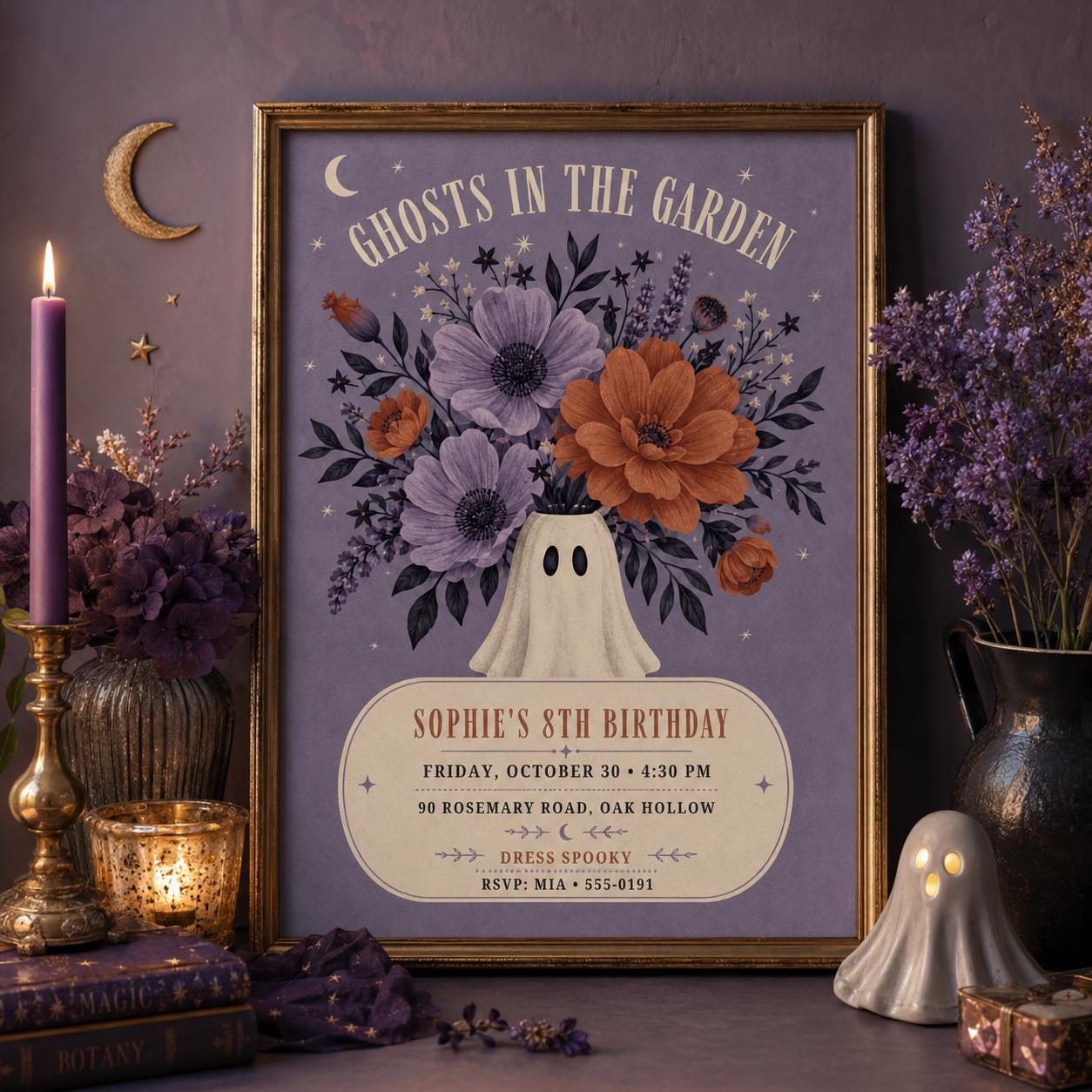 Floral Ghost Halloween Birthday Invitation, Spooky Garden 8th Birthday Party Invite, Elegant Kids Halloween, Editable Canva Template