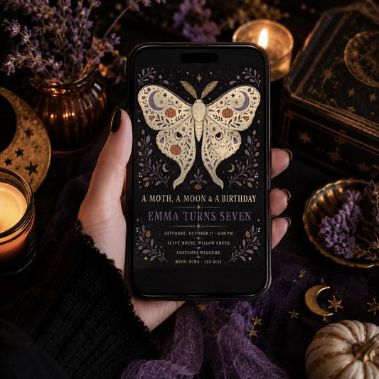 Moth Halloween Birthday Invitation, Moon & Pumpkin Birthday Party Invite, Gothic Spooky Kids Invite, Editable Canva Template
