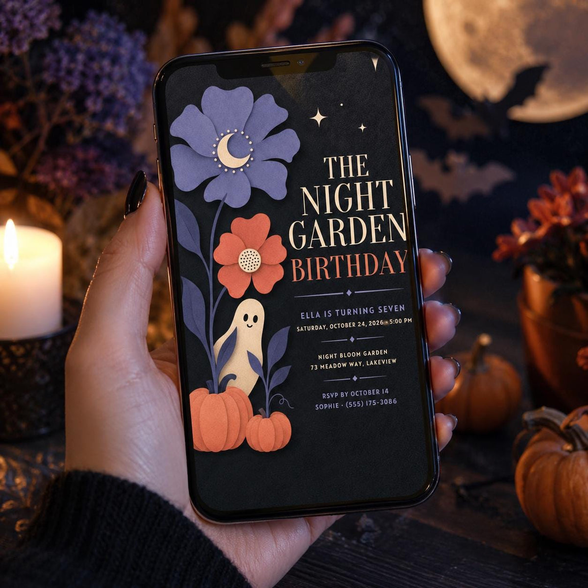 Floral Ghost Halloween Birthday Invitation, Spooky Garden 8th Birthday Party Invite, Elegant Kids Halloween, Editable Canva Template
