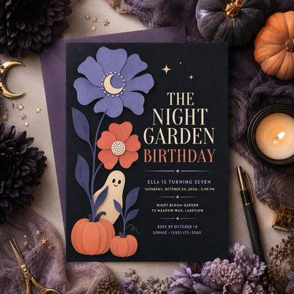 Floral Ghost Halloween Birthday Invitation, Spooky Garden 8th Birthday Party Invite, Elegant Kids Halloween, Editable Canva Template