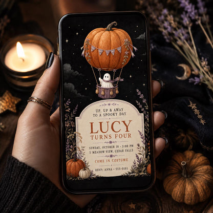 Ghost Hot Air Balloon Birthday Invitation, Pumpkin Halloween Kids Party Invite, Spooky 4th Birthday, Editable Canva Template