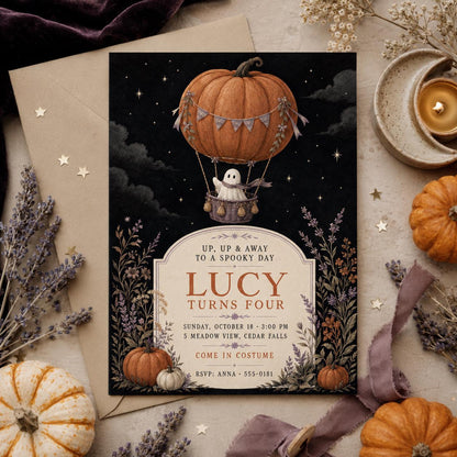 Ghost Hot Air Balloon Birthday Invitation, Pumpkin Halloween Kids Party Invite, Spooky 4th Birthday, Editable Canva Template