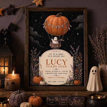 Ghost Hot Air Balloon Birthday Invitation, Pumpkin Halloween Kids Party Invite, Spooky 4th Birthday, Editable Canva Template