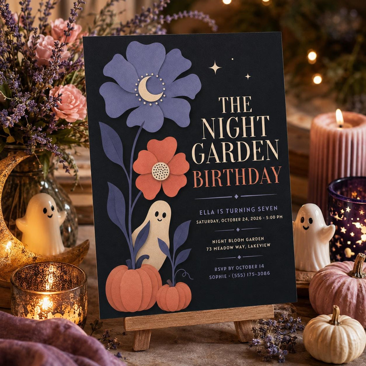 Spooky Garden Halloween Birthday Invitation, Cute Ghost Night Garden Party Invite, Elegant Kids Birthday, Editable Canva Template