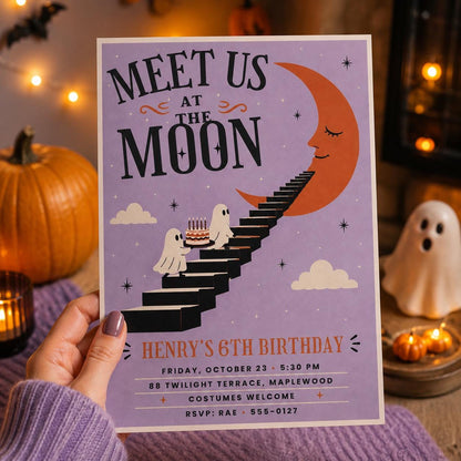 Moon Ghost Halloween Birthday Invitation, Spooky 6th Birthday Party Invite, Cute Halloween Kids Party, Editable Canva Template
