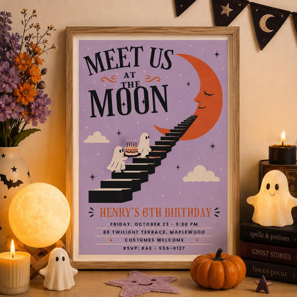 Moon Ghost Halloween Birthday Invitation, Spooky 6th Birthday Party Invite, Cute Halloween Kids Party, Editable Canva Template