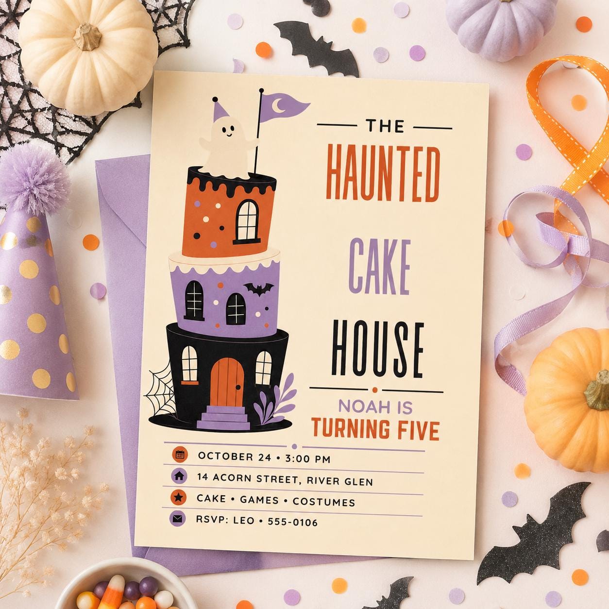 Haunted Cake House 5th Birthday Invitation, Cute Ghost Halloween Party Invite, Spooky Kids Birthday, Editable Canva Template
