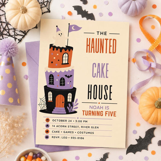 Haunted Cake House 5th Birthday Invitation, Cute Ghost Halloween Party Invite, Spooky Kids Birthday, Editable Canva Template