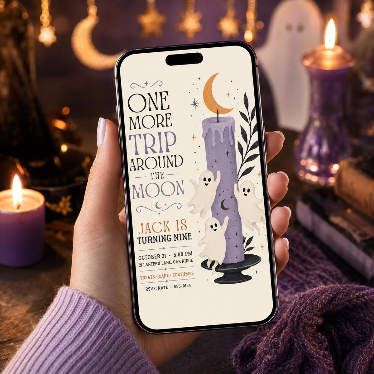 Ghost Moon Halloween Birthday Invitation, Spooky 9th Birthday Party Invite, Cute Halloween Kids Party, Editable Canva Template