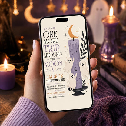 Ghost Moon Halloween Birthday Invitation, Spooky 9th Birthday Party Invite, Cute Halloween Kids Party, Editable Canva Template