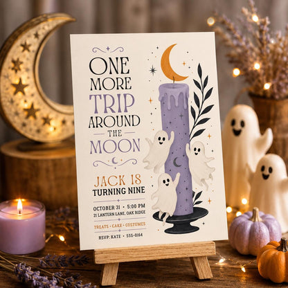 Ghost Moon Halloween Birthday Invitation, Spooky 9th Birthday Party Invite, Cute Halloween Kids Party, Editable Canva Template