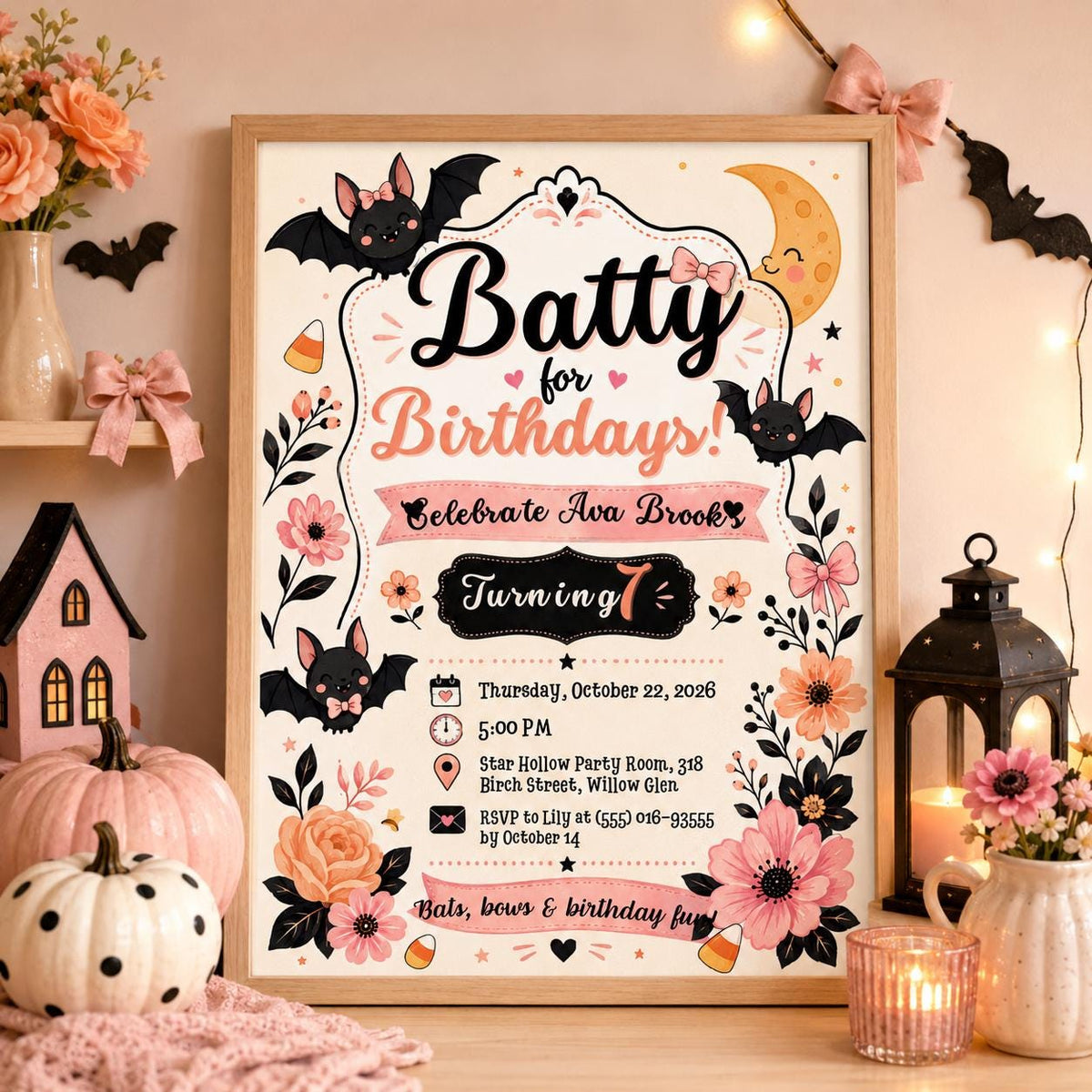 Cute Bat Halloween Birthday Invitation, Pink Spooky Birthday Party Invite, Floral Halloween Kids Invite, Editable Canva Template