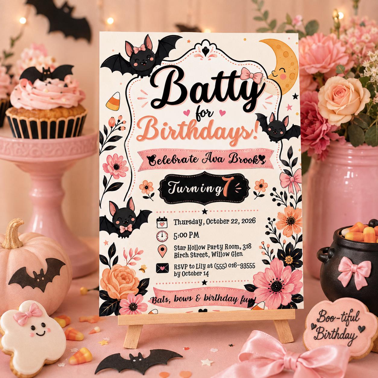 Cute Bat Halloween Birthday Invitation, Pink Spooky Birthday Party Invite, Floral Halloween Kids Invite, Editable Canva Template