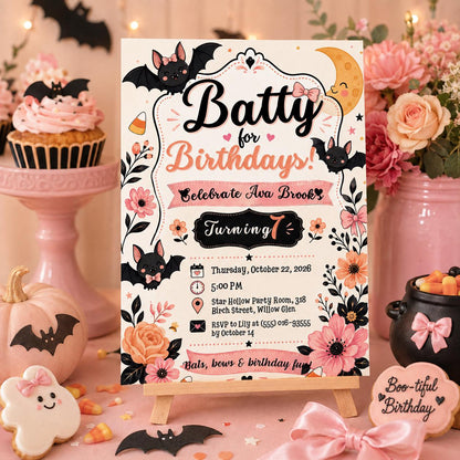 Cute Bat Halloween Birthday Invitation, Pink Spooky Birthday Party Invite, Floral Halloween Kids Invite, Editable Canva Template