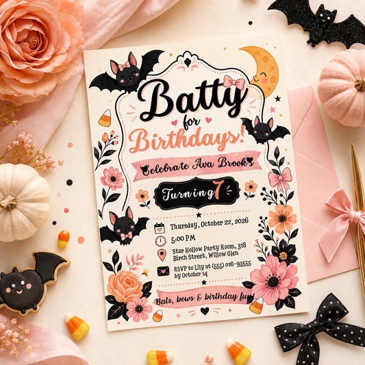 Cute Bat Halloween Birthday Invitation, Pink Spooky Birthday Party Invite, Floral Halloween Kids Invite, Editable Canva Template