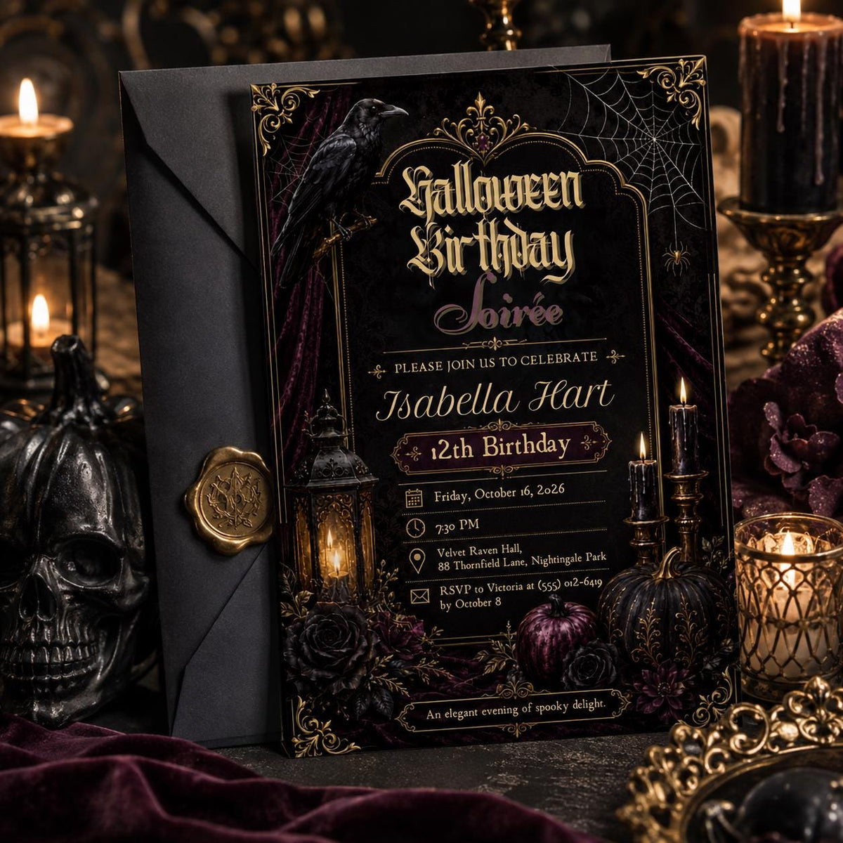 Gothic Halloween Birthday Invitation, Elegant Spooky Birthday Party Invite, Raven Black Rose Invitation, Editable Canva Template