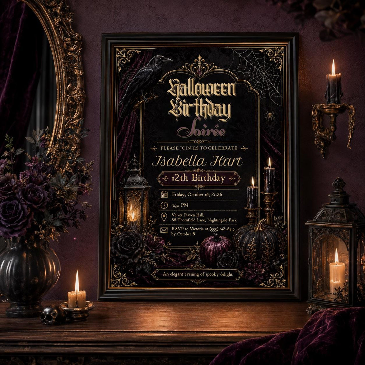 Gothic Halloween Birthday Invitation, Elegant Spooky Birthday Party Invite, Raven Black Rose Invitation, Editable Canva Template