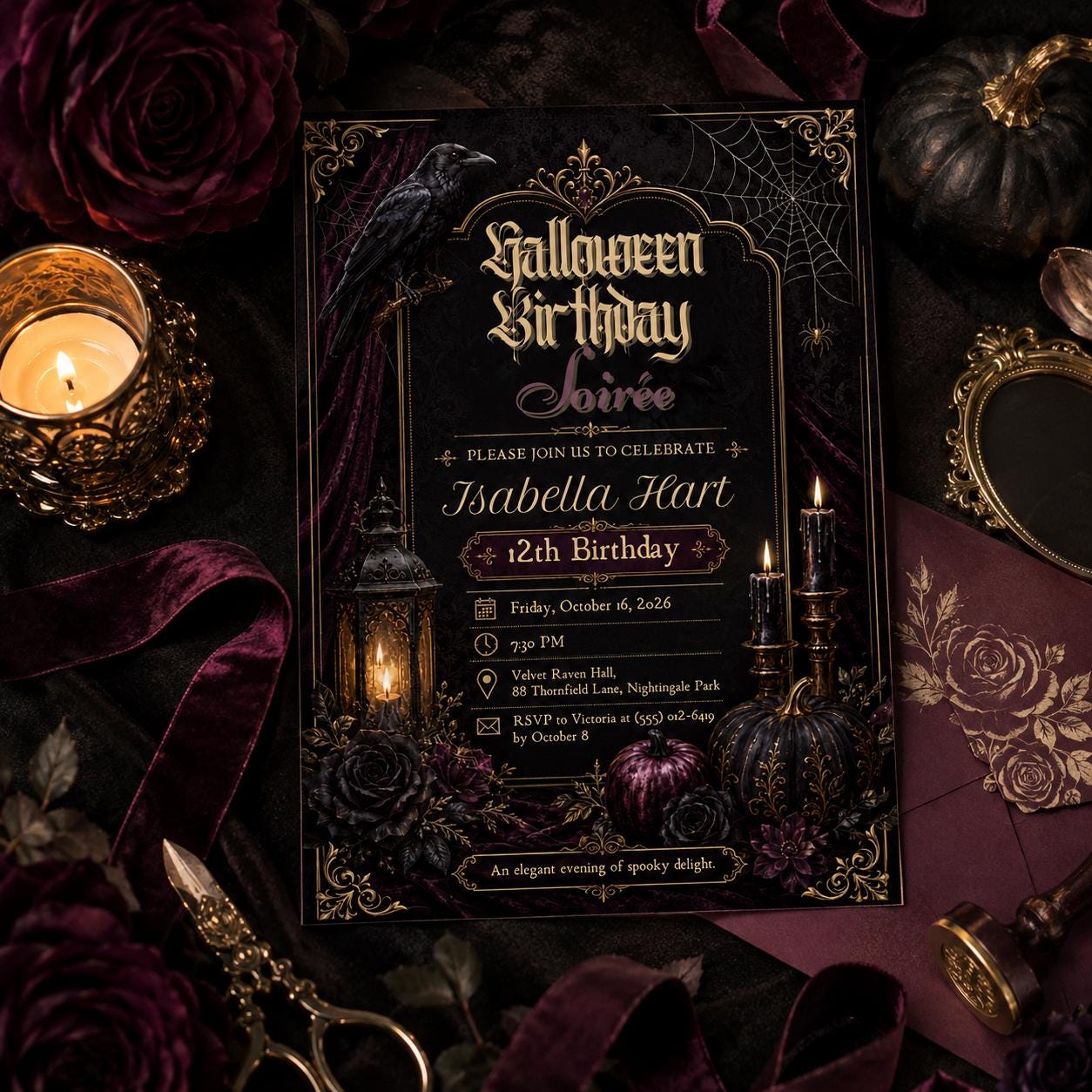 Gothic Halloween Birthday Invitation, Elegant Spooky Birthday Party Invite, Raven Black Rose Invitation, Editable Canva Template