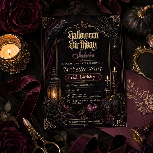 Gothic Halloween Birthday Invitation, Elegant Spooky Birthday Party Invite, Raven Black Rose Invitation, Editable Canva Template