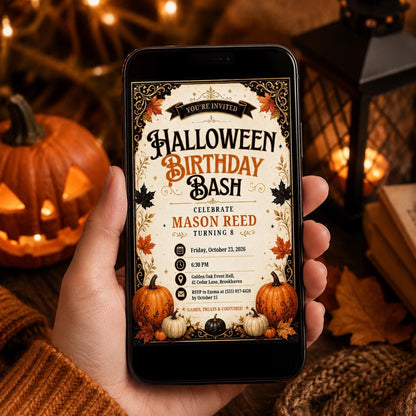 Halloween Birthday Invitation, Pumpkin Birthday Party Invite, Vintage Fall Halloween Invite, Kids Spooky Party, Editable Canva Template