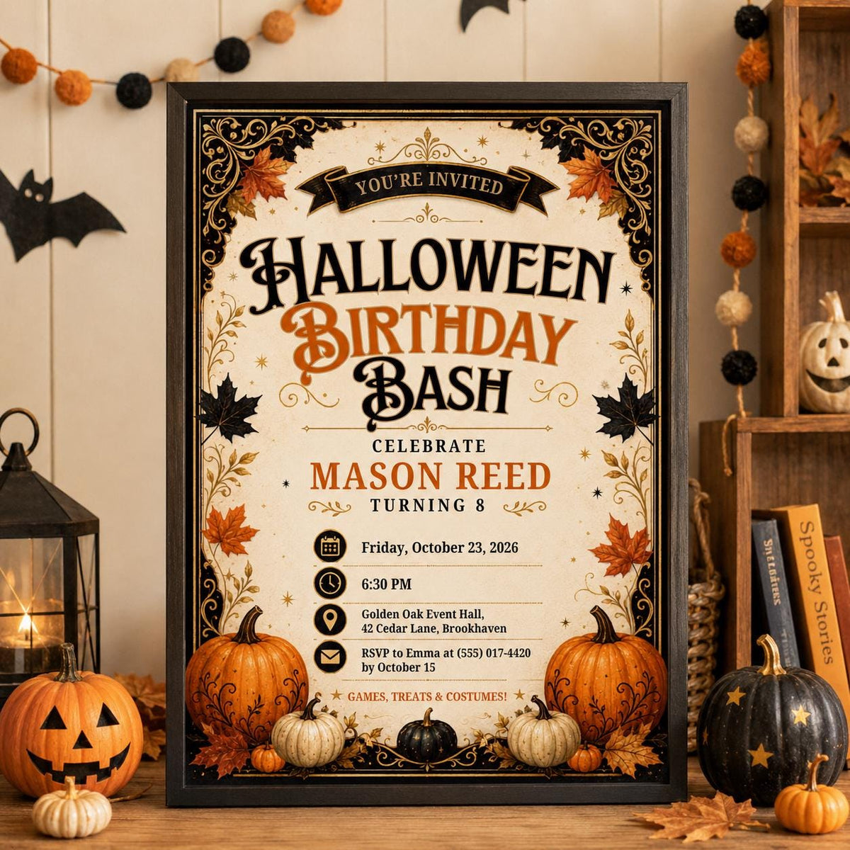 Halloween Birthday Invitation, Pumpkin Birthday Party Invite, Vintage Fall Halloween Invite, Kids Spooky Party, Editable Canva Template