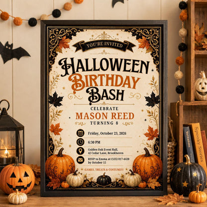 Halloween Birthday Invitation, Pumpkin Birthday Party Invite, Vintage Fall Halloween Invite, Kids Spooky Party, Editable Canva Template