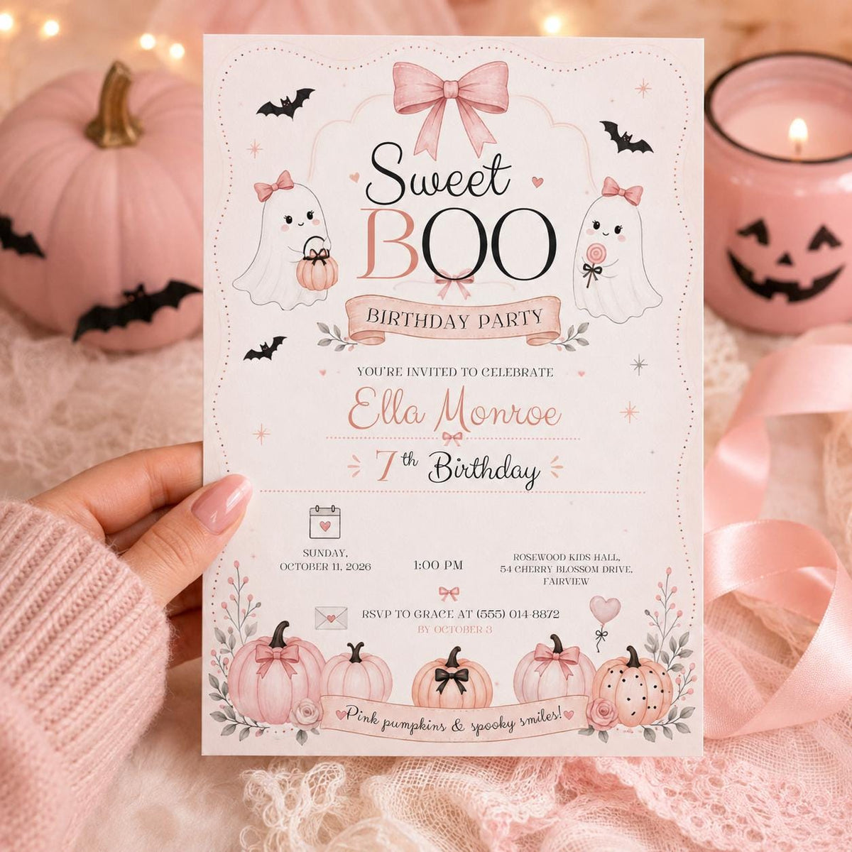 Pink Halloween Birthday Invitation, Sweet Boo Birthday Invite, Cute Ghost Girl Birthday, Pink Pumpkin Invitation, Editable Canva Template