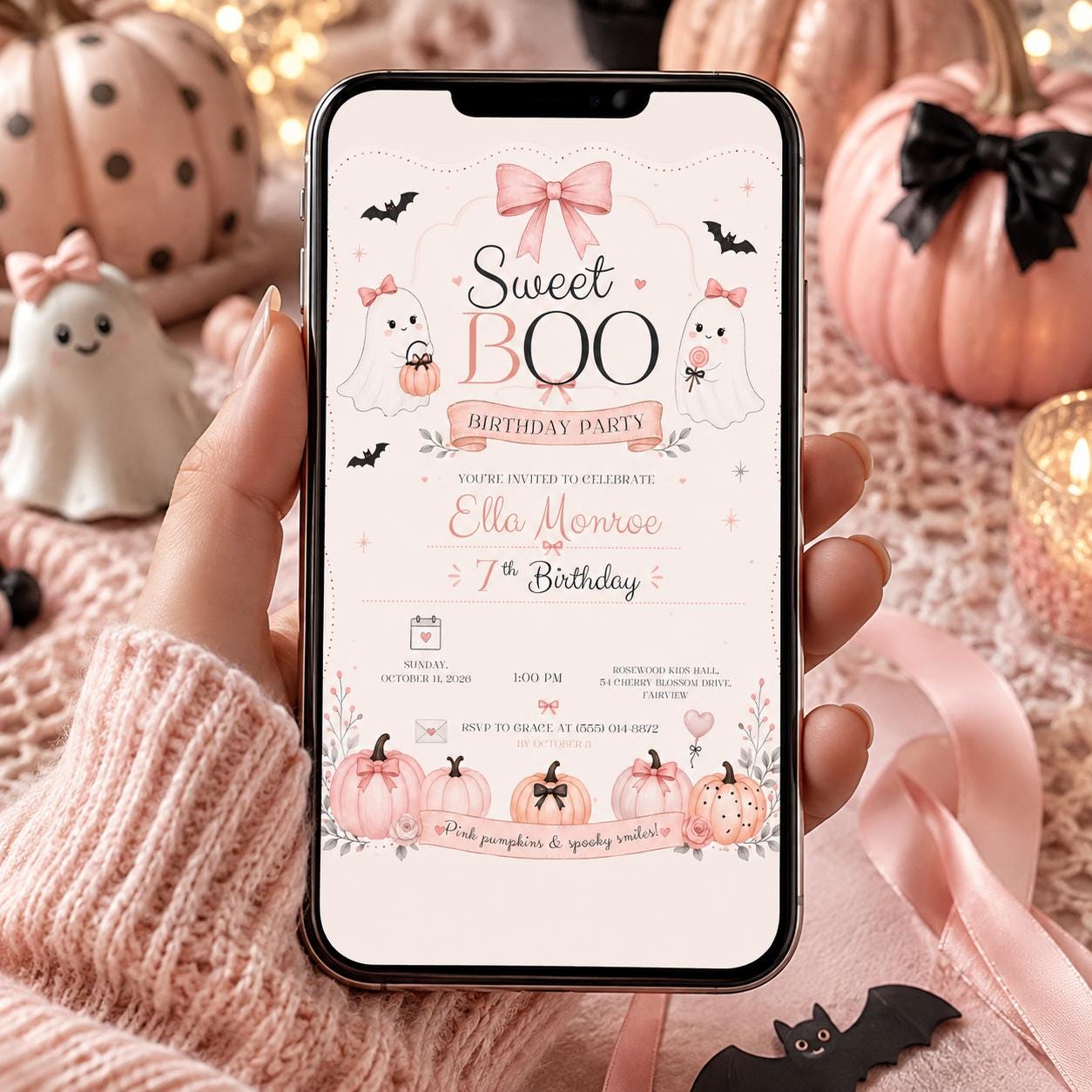 Pink Halloween Birthday Invitation, Sweet Boo Birthday Invite, Cute Ghost Girl Birthday, Pink Pumpkin Invitation, Editable Canva Template