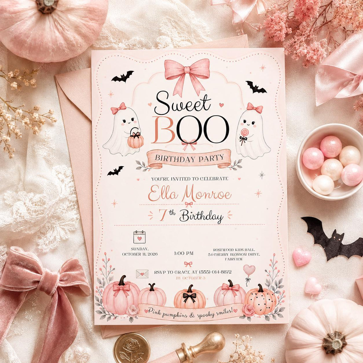 Pink Halloween Birthday Invitation, Sweet Boo Birthday Invite, Cute Ghost Girl Birthday, Pink Pumpkin Invitation, Editable Canva Template