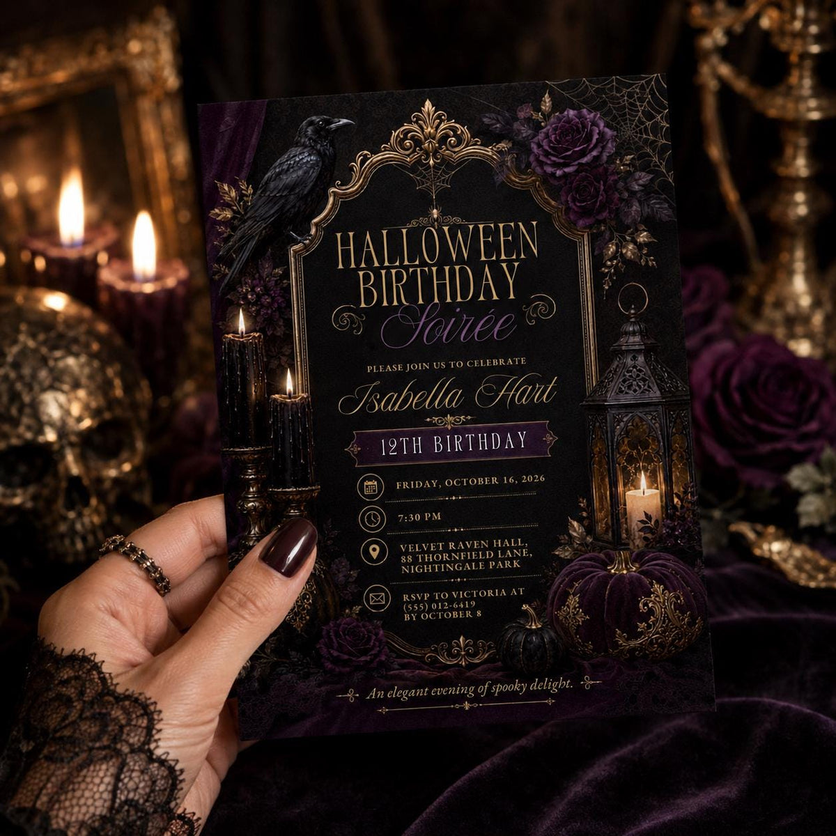 Gothic Halloween Birthday Invitation, Elegant Raven Party Invite, Purple Black Spooky Birthday, Editable Canva Template