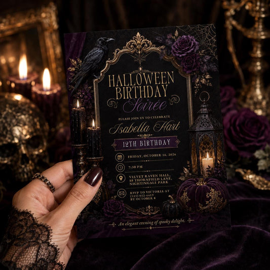 Gothic Halloween Birthday Invitation, Elegant Raven Party Invite, Purple Black Spooky Birthday, Editable Canva Template
