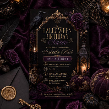 Gothic Halloween Birthday Invitation, Elegant Raven Party Invite, Purple Black Spooky Birthday, Editable Canva Template