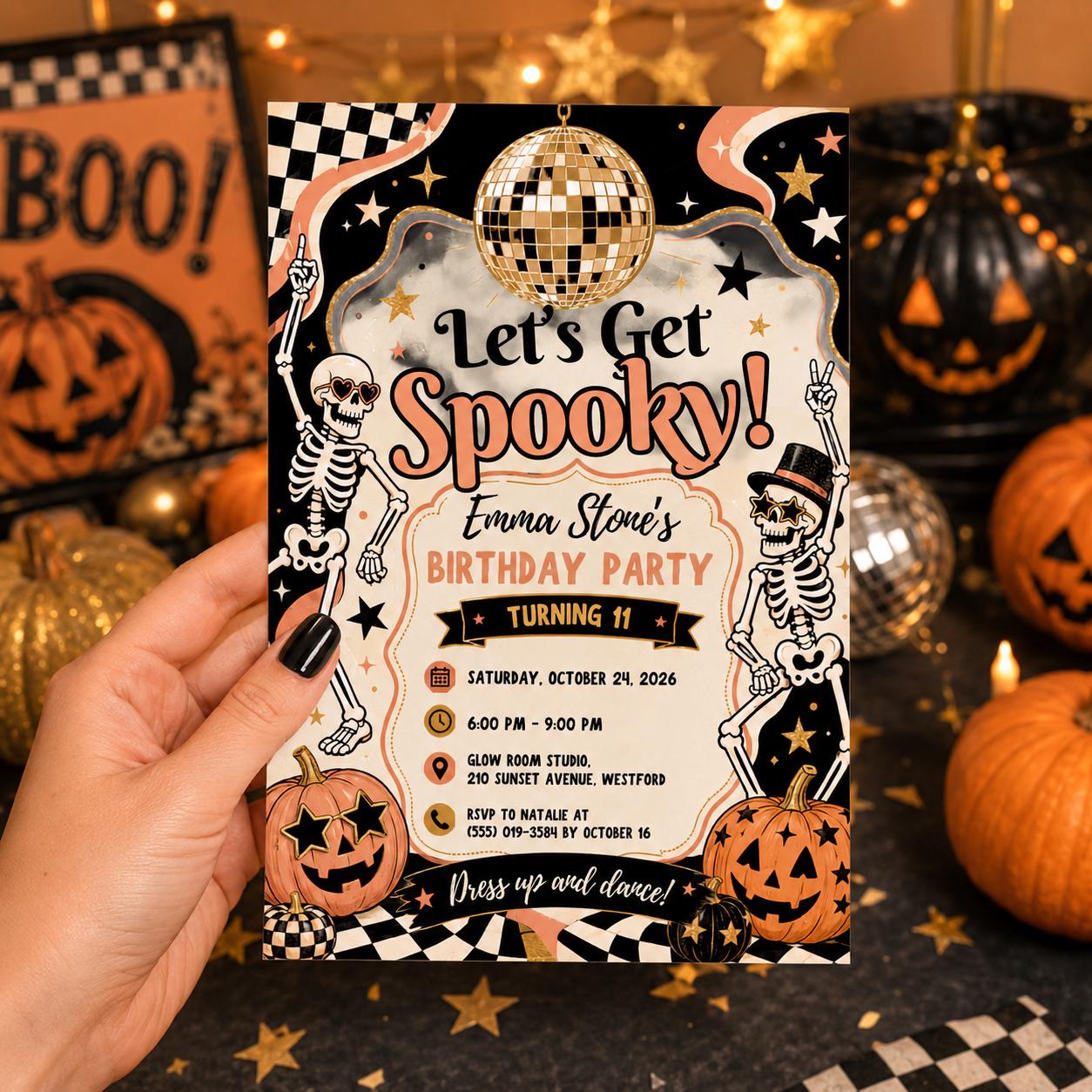 Retro Halloween Birthday Invitation, Disco Skeleton Birthday Party Invite, Orange Black Spooky Party, Editable Canva Template
