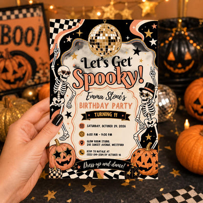 Retro Halloween Birthday Invitation, Disco Skeleton Birthday Party Invite, Orange Black Spooky Party, Editable Canva Template