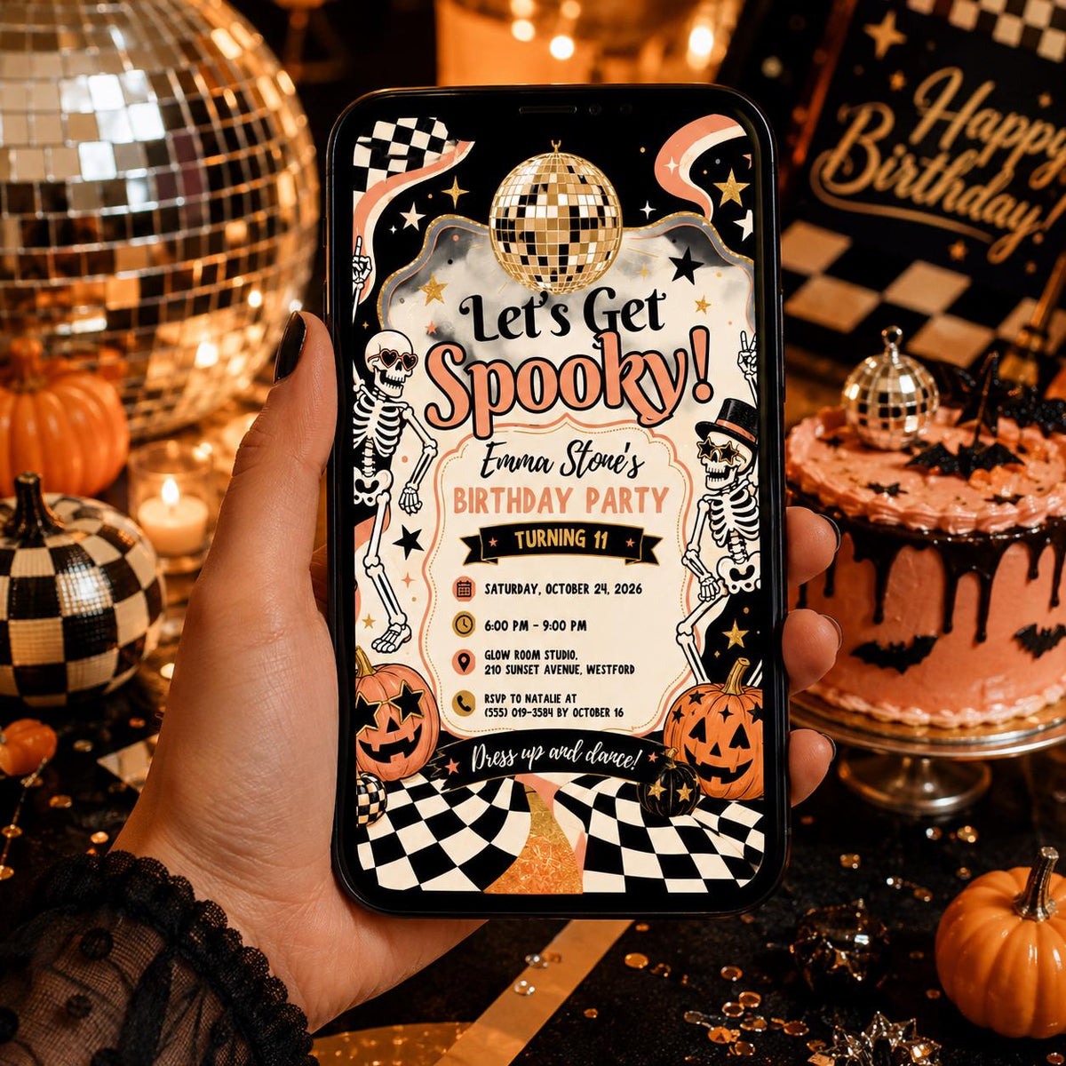 Retro Halloween Birthday Invitation, Disco Skeleton Birthday Party Invite, Orange Black Spooky Party, Editable Canva Template