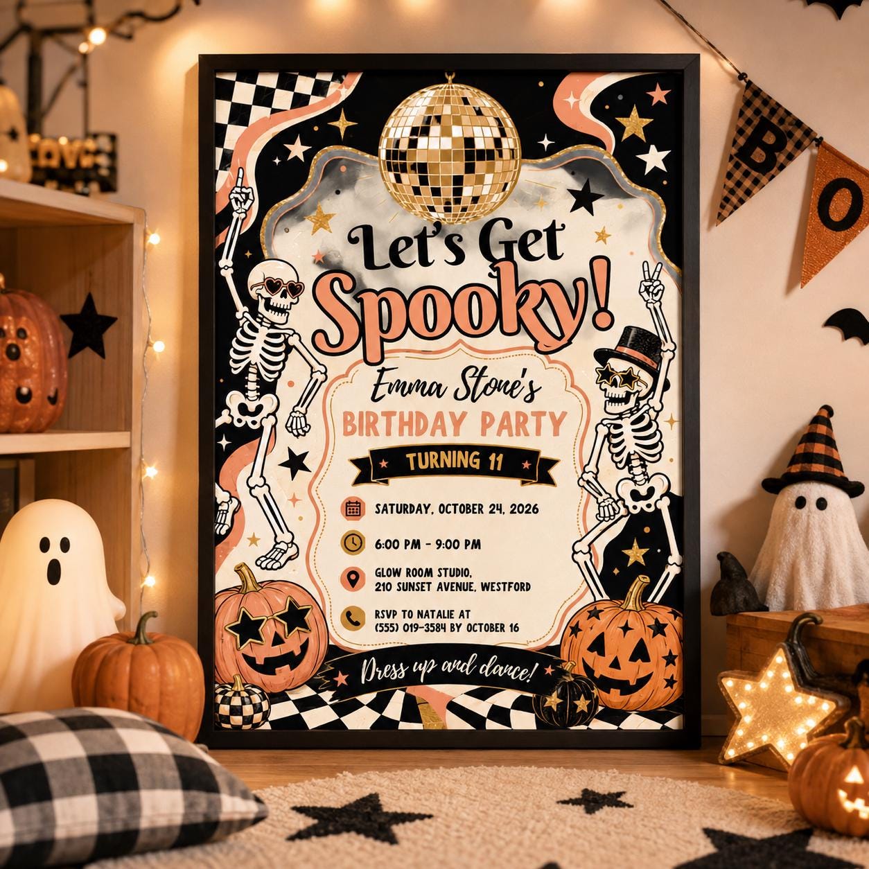 Retro Halloween Birthday Invitation, Disco Skeleton Birthday Party Invite, Orange Black Spooky Party, Editable Canva Template