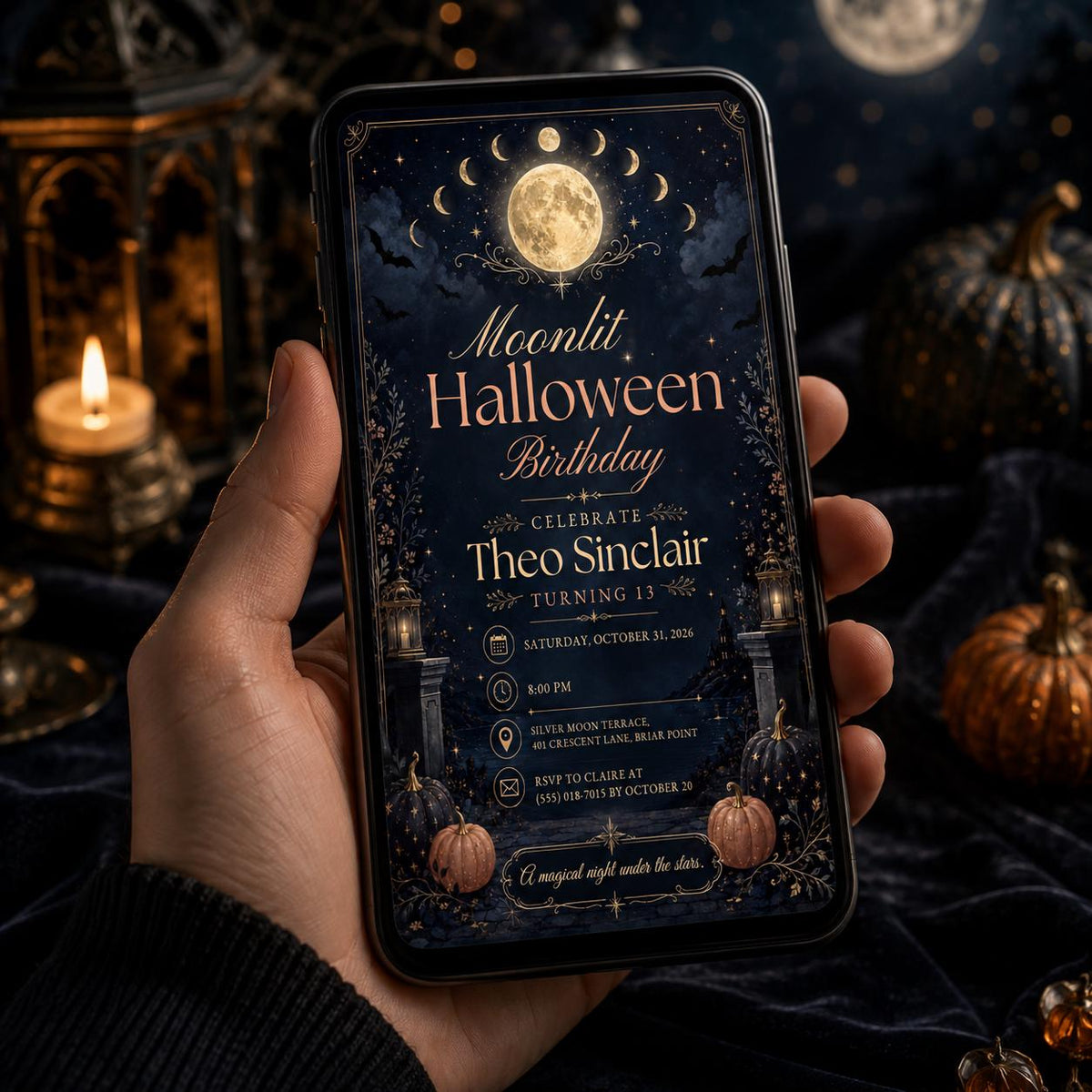 Moonlit Halloween Birthday Invitation, Celestial Spooky Birthday Party Invite, Moon and Stars Halloween Invite, Editable Canva Template
