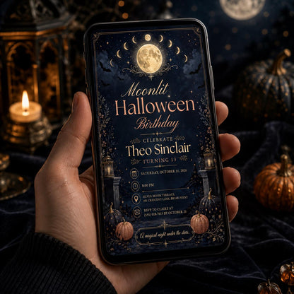 Moonlit Halloween Birthday Invitation, Celestial Spooky Birthday Party Invite, Moon and Stars Halloween Invite, Editable Canva Template