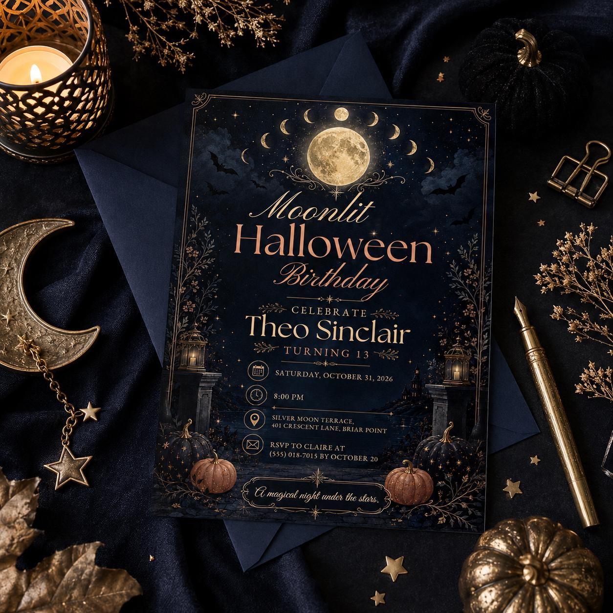 Moonlit Halloween Birthday Invitation, Celestial Spooky Birthday Party Invite, Moon and Stars Halloween Invite, Editable Canva Template
