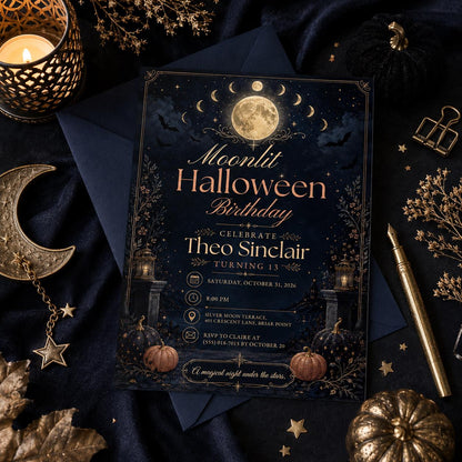 Moonlit Halloween Birthday Invitation, Celestial Spooky Birthday Party Invite, Moon and Stars Halloween Invite, Editable Canva Template