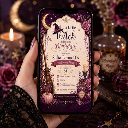 Witch Birthday Invitation, Purple Halloween Birthday Party Invite, Magical Spooky Girls Party, Editable Canva Template, Printable Invite