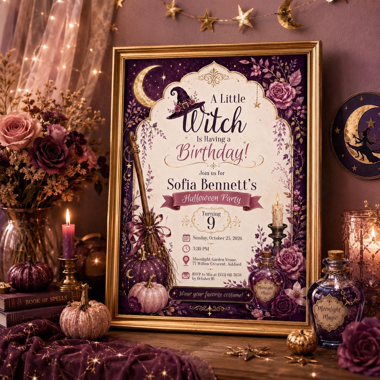 Witch Birthday Invitation, Purple Halloween Birthday Party Invite, Magical Spooky Girls Party, Editable Canva Template, Printable Invite