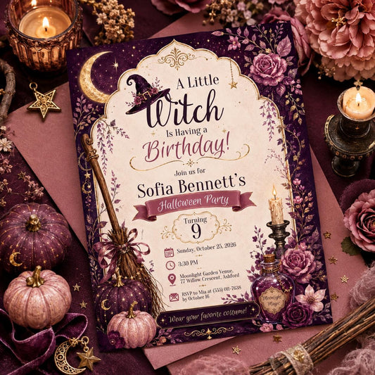 Witch Birthday Invitation, Purple Halloween Birthday Party Invite, Magical Spooky Girls Party, Editable Canva Template, Printable Invite
