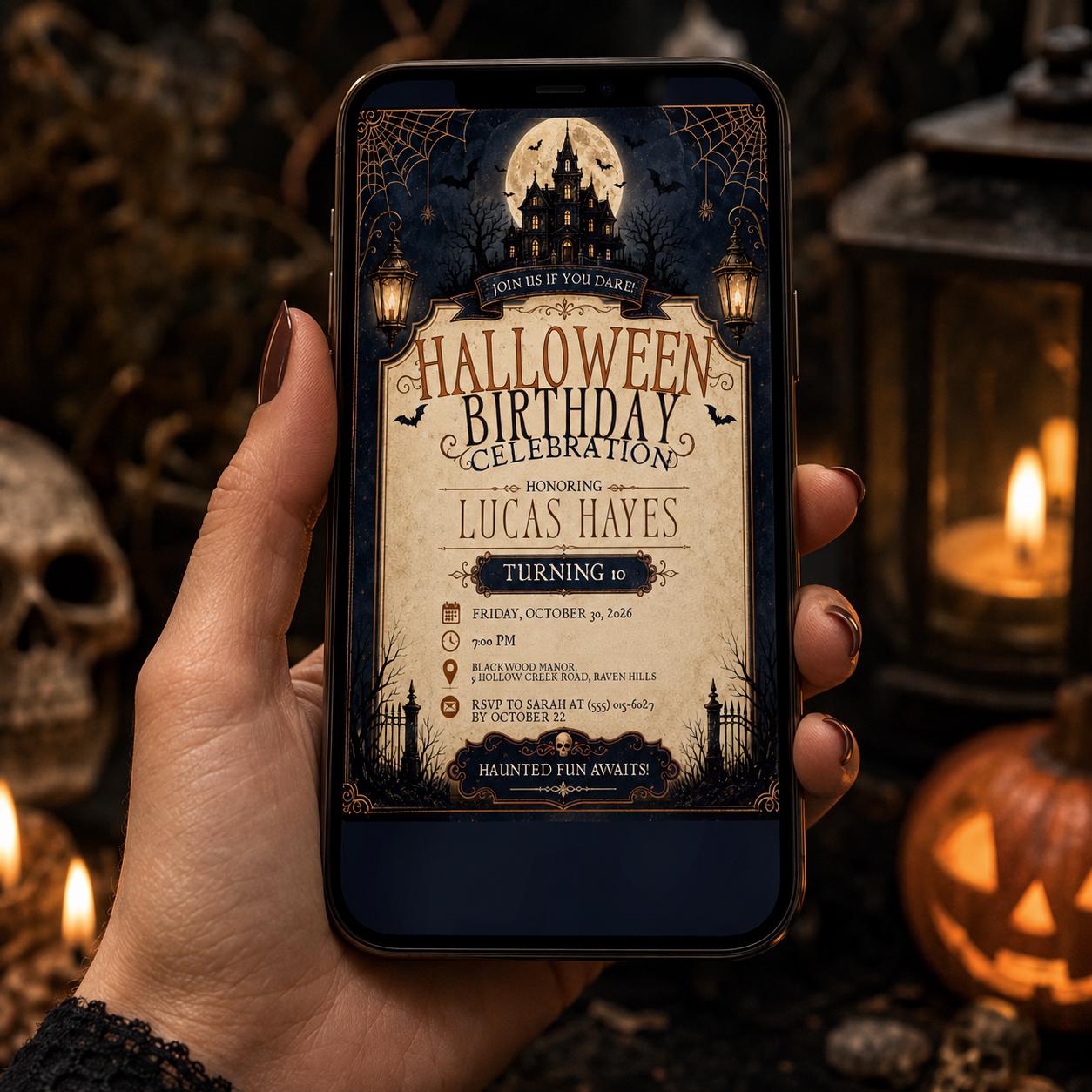 Haunted House Halloween Birthday Invitation, Spooky Kids Birthday Party Invite, Vintage Halloween Celebration, Editable Canva Template