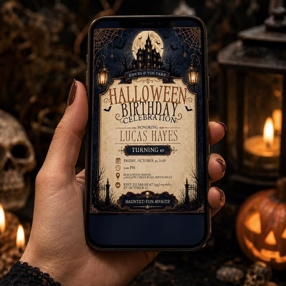 Haunted House Halloween Birthday Invitation, Spooky Kids Birthday Party Invite, Vintage Halloween Celebration, Editable Canva Template