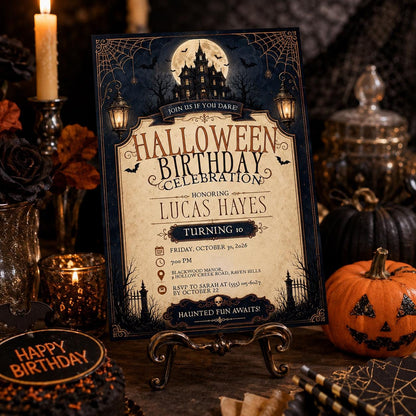 Haunted House Halloween Birthday Invitation, Spooky Kids Birthday Party Invite, Vintage Halloween Celebration, Editable Canva Template